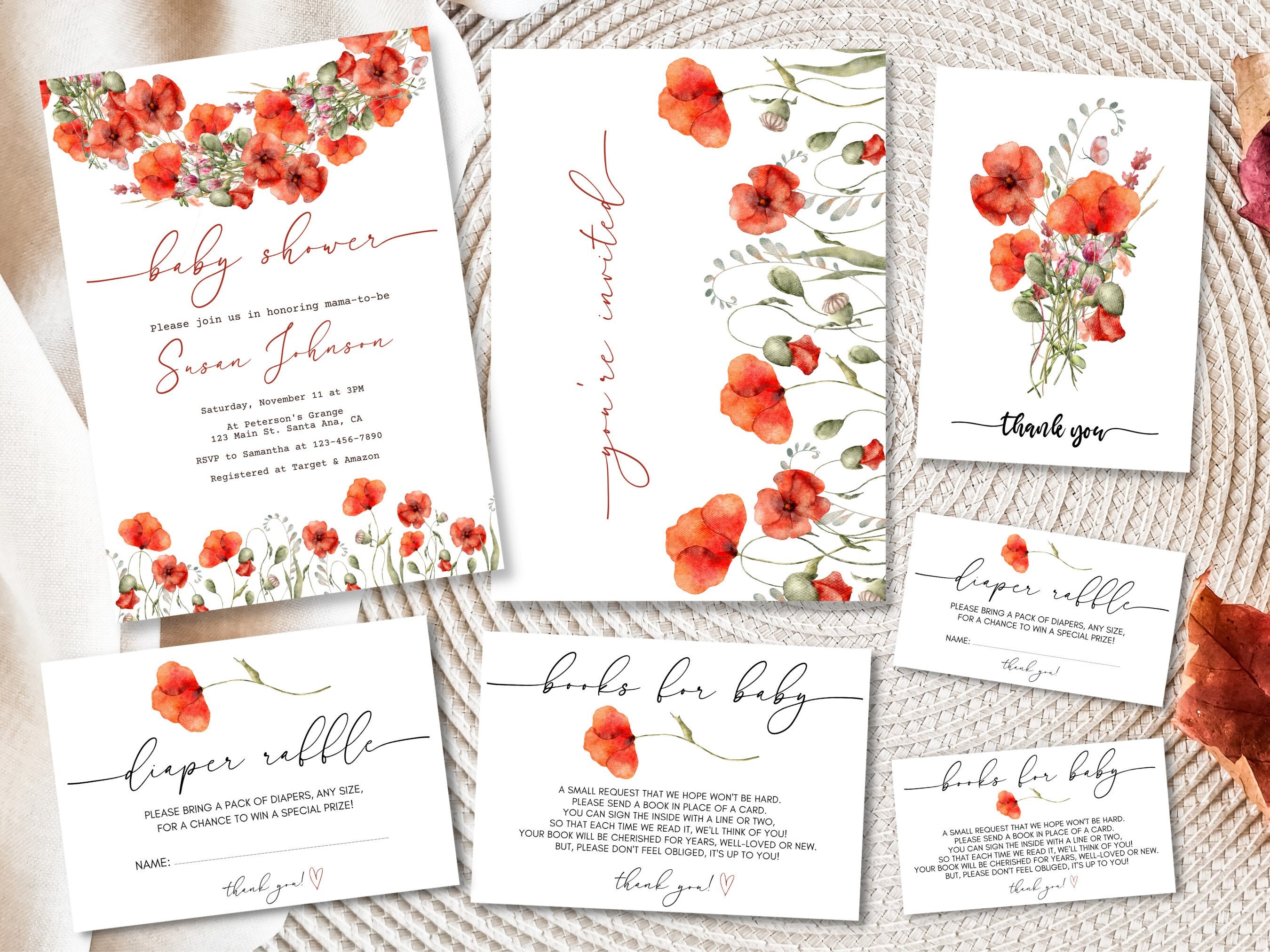 Beautiful Red Poppy Baby Shower Invitation Bundle Instant Download