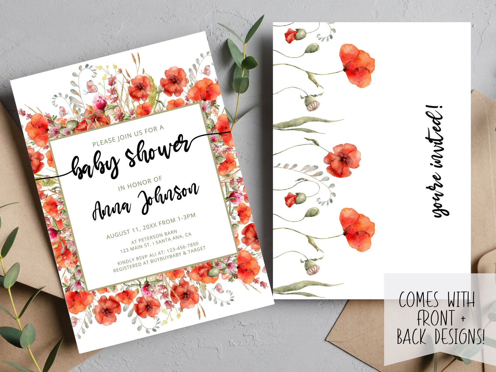 Poppy Baby Shower Digital Printable Invitation Instant Etsy