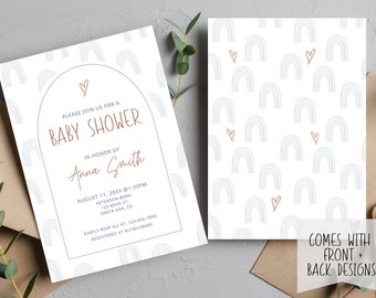 Baby-Dusche Digital druckbare Einladung | Sofortiger Download I Regenbogen Modernes Boho Design I Geschlechtsneutral I Vorderseite Rückseite I Shower Invite