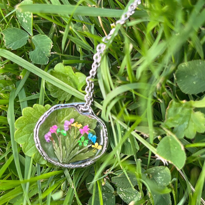 Pressed Wildflowers Necklace, Multi Flower Colorful Jewelry, Real Dried