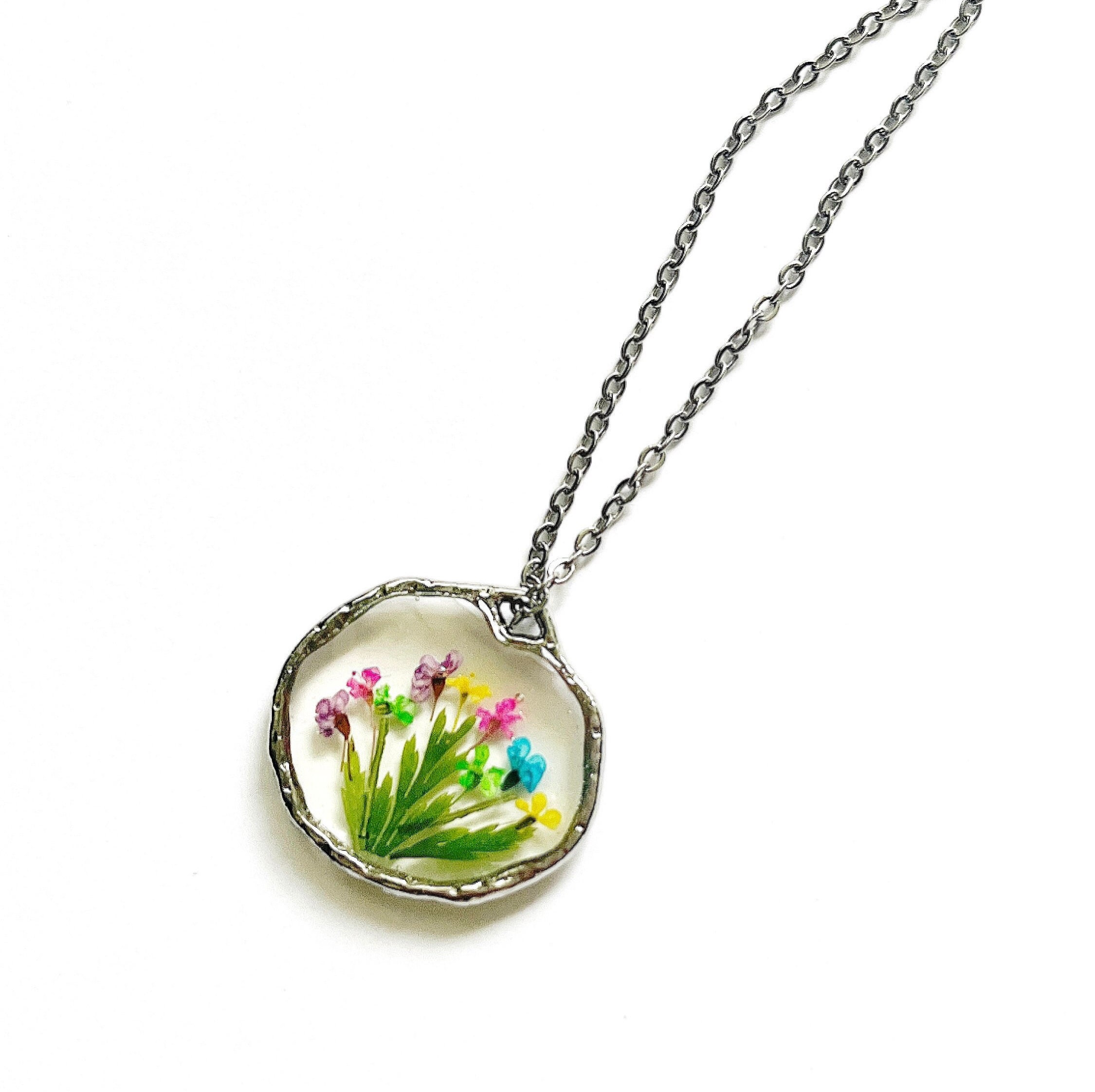 Pressed Wildflowers Necklace, Multi Flower Colorful Jewelry, Real Dried