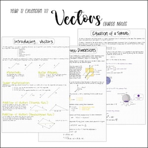 Może przedstawiać: Ręcznie napisane notatki na kratkowanej stronie zatytułowanej "Vectors Course Notes" z sekcją dotyczącą "Equation of a Sphere" i inną sekcją dotyczącą "Three Dimensions". Notatki zawierają diagramy i wzory związane z wektorami i sferami.