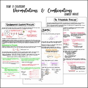 Peut inclure: Notes manuscrites sur les permutations et les combinaisons, y compris le principe des tiroirs, le principe fondamental du comptage et le principe de multiplication. Les notes sont écrites à l'encre colorée sur du papier ligné.