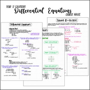 Può includere: Un set di appunti scritti a mano sulle equazioni differenziali, che includono definizioni, esempi e metodi per risolverle. Gli appunti sono organizzati in sezioni con titoli e sottotitoli, e includono diagrammi e grafici per illustrare i concetti.