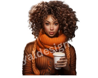 Coffee Girl-clipart, trendy illustratie, Urban Girl-clipart, herfstmeisje, png