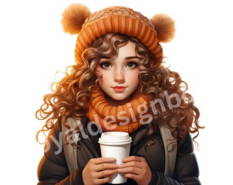 Clipart koffiemeisje, trendy illustratie, meisjesclipart, herfstmeisje, png