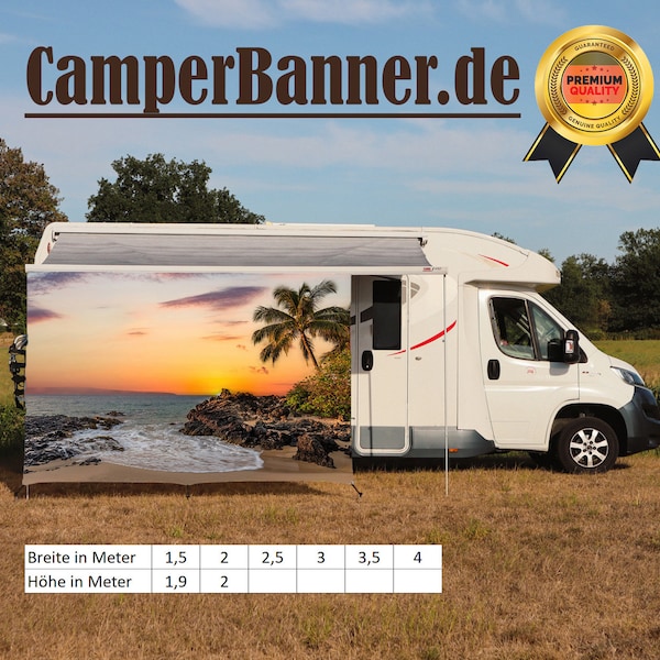 Wohnmobilbanner Wohnwagen Wohnmobil Camping Sichtschutz Sonnenschutz Regenschutz Windschutz Keder Markisen Vorzelt Meer Palme Strand