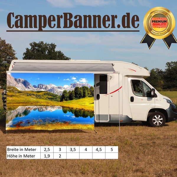 Wohnmobilbanner Sonnenschutz Berge Alm See, Blickschutz, Sichtschutz, Keder, Sonnenblende, Markisen, Vorzelt, Windschutz, Regenschutz