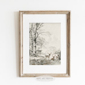 Druckbare Hirsch Malerei, verschneite Winter Wandkunst, Wald Kinderzimmer, Vintage Print Digital | 00358_v