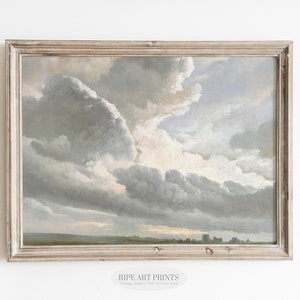 Antique Cloud Painting, Vintage Landscape Painting, Cottagecore Decor, Digital | 00109