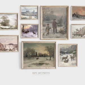 Christmas Prints Set, Vintage Gallery Wall set of nine Antique Painting, Moody Winter Holiday prints DIGITAL | SET09_16