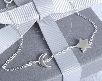 Moon and Star Silver Charm Bracelet, Sterling Silver Stacking Bracelet, Silver Jewellery, Celestial Bracelet, Celestial Jewellery