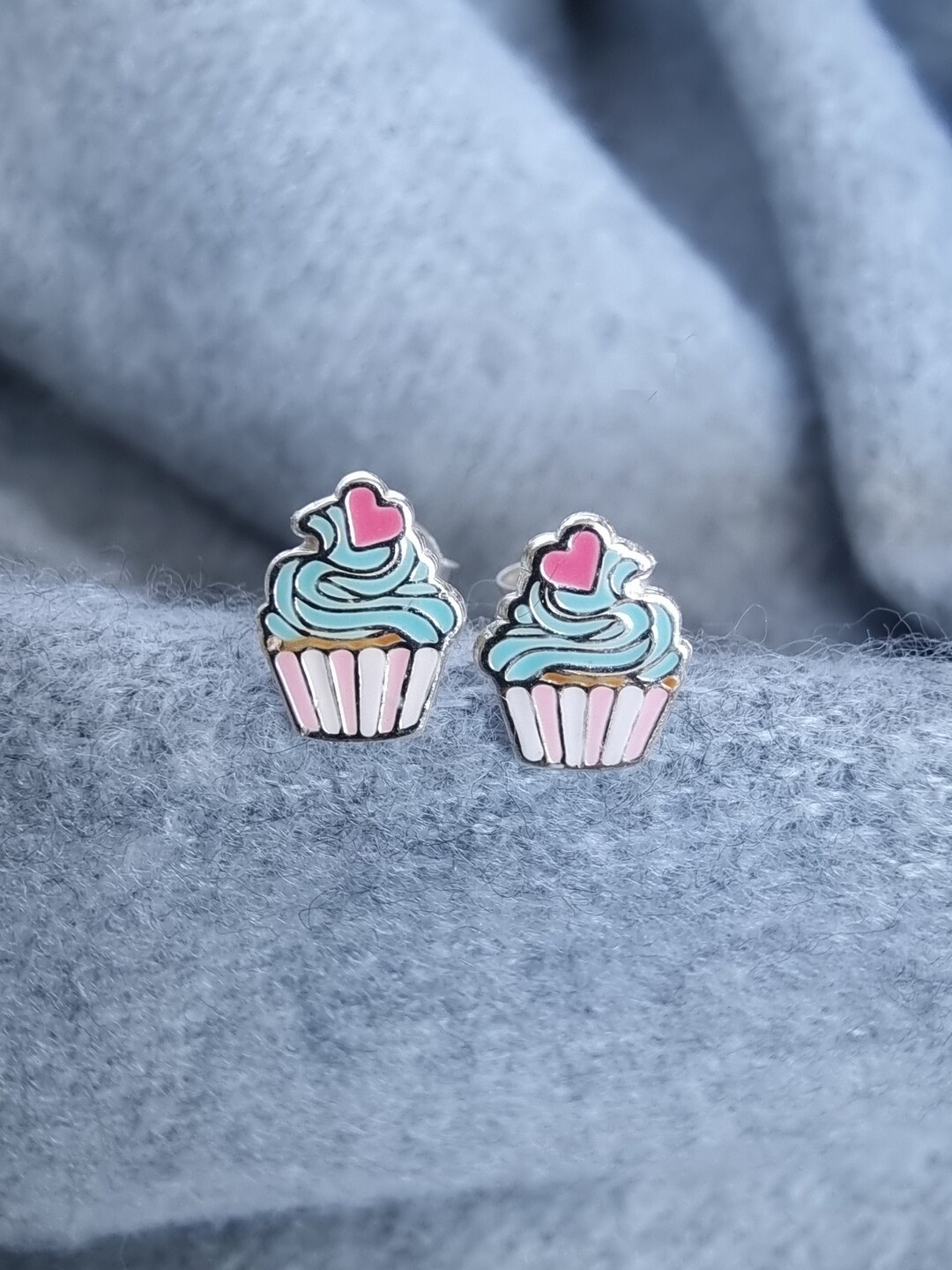Cupcake Ear Studs, Sterling Silver Cupcake Ear Studs, Colourful Silver