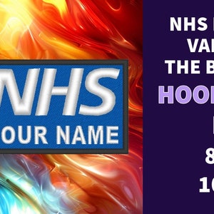May include: Blue and white embroidered NHS name badge with the text "NHS YOUR NAME". The badge is available in two sizes: 80x50mm and 100x50mm. It can be hooked or sewn on and is backed.