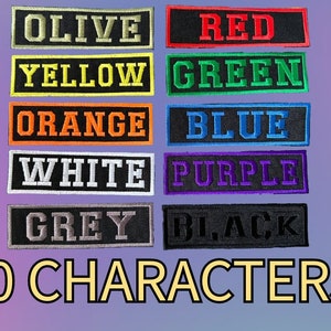 May include: A set of ten embroidered patches in various colors, including olive, yellow, orange, white, grey, red, green, blue, purple, and black. Each patch features a different color and the word for that color in white text. The patches are arranged in two rows of five. The text "10 CHARACTERS" is displayed below the patches. The text "FAST DISPATCH FREE POSTAGE ROBUST MATERIAL LOS ANGELES FONT" is displayed to the right of the patches.