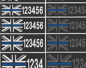 Puede incluir: Cinco parches bordados en blanco y negro con una franja azul y números. Los parches presentan la bandera de la Union Jack. Los parches están disponibles en cinco tamaños: 10 cm por 2,5 cm, 10 cm por 3 cm, 10 cm por 3,5 cm, 10 cm por 4 cm y 10 cm por 5 cm.