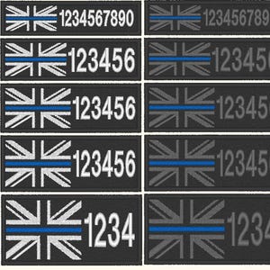 May include: Five black and white embroidered patches with a blue stripe and numbers. The patches feature the Union Jack flag. The patches are available in five sizes: 10cm by 2.5cm, 10cm by 3cm, 10cm by 3.5cm, 10cm by 4cm, and 10cm by 5cm.