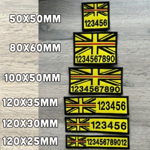 May include: Six yellow and black embroidered patches with the Union Jack flag design and numbers. The patches are different sizes, ranging from 50x50mm to 120x25mm.