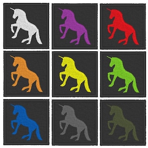 May include: Nine embroidered patches featuring a unicorn silhouette in different colors: white, purple, red, orange, yellow, green, blue, gray, and olive green. The unicorn is standing on its hind legs with its horn pointing upwards.