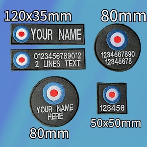 May include: Five embroidered patches featuring a red, white and blue target design. The patches are available in different sizes: 120mm x 35mm, 80mm, and 50mm x 50mm. Two patches have customizable text fields for names and numbers.