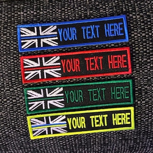 May include: Four embroidered patches featuring the Union Jack flag and the text "YOUR TEXT HERE" in various colours: blue, red, green, and yellow.