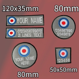 May include: Five iron-on patches featuring a red, white and blue target design. The patches are available in different sizes: 120mm x 35mm, 80mm, and 50mm x 50mm. Two patches have customisable text fields for names and numbers.