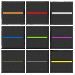 May include: Nine different thin black patches with a single coloured line across the centre. The colours are orange, red, white, blue, green, purple, olive green, grey, and yellow.