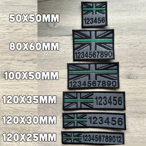Puede incluir: Seis parches bordados en negro y verde con la bandera de la Union Jack y números. Los parches son de diferentes tamaños: 50x50mm, 80x60mm, 100x50mm, 120x35mm, 120x30mm y 120x25mm.