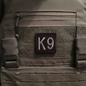 May include: A grey tactical vest with a black zipped pocket and a black patch with the text "K9" in white lettering.
