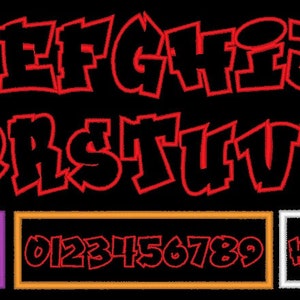 May include: Red outlined graffiti style alphabet with uppercase letters A through Z and numbers 0 through 9. The text "YOUR NAME" is in a purple box, "0123456789" is in an orange box, and "HOOK OR SEW ON" is in a white box.