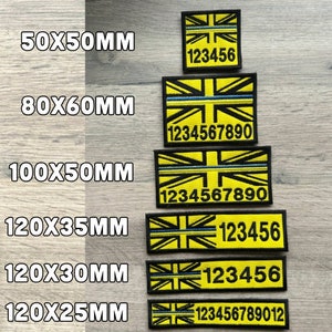 May include: Six embroidered patches with a Union Jack design and black and yellow colors. The patches are different sizes and have numbers printed on them. The sizes are 50x50mm, 80x60mm, 100x50mm, 120x35mm, 120x30mm, and 120x25mm.