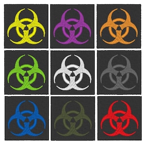 May include: Nine biohazard symbol patches in different colors, including yellow, purple, orange, green, white, gray, blue, olive green, and red. The symbols are embroidered on black fabric.