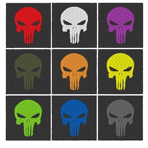 Puede incluir: Nueve parches bordados con el logotipo del cráneo del Punisher en diferentes colores: rojo, blanco, morado, verde, naranja, amarillo, verde lima, azul y gris.