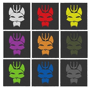 May include: Nine embroidered patches featuring a stylized cat head with a trident on top. The patches are in different colors: white, red, yellow, purple, orange, green, lime green, blue, and gray.