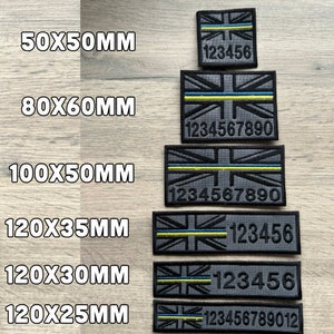 May include: Six embroidered patches with the Union Jack flag design in black and gray with a yellow and blue stripe. The patches are in different sizes, with the largest being 80x60mm and the smallest being 50x50mm. Each patch has a number sequence printed on it.