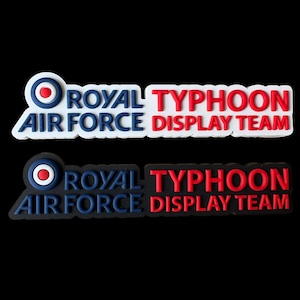 May include: Two rectangular patches featuring the text "ROYAL AIR FORCE" and "TYPHOON DISPLAY TEAM". One is white with blue and red details, the other is black with blue and red details.