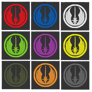 May include: Nine embroidered patches featuring the Rebel Alliance symbol from Star Wars. The patches are in different colours: red, blue, white, green, purple, yellow, olive green, orange, and grey.