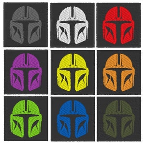 May include: Nine embroidered patches featuring a Mandalorian helmet in different colours: grey, white, red, purple, yellow, orange, green, blue, and olive green.
