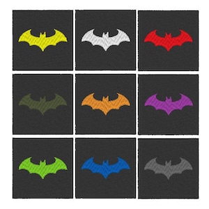 May include: Nine embroidered patches featuring a bat silhouette in different colors: yellow, white, red, green, orange, purple, lime green, blue, and gray. The patches are all on a black background.