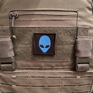 May include: A gray tactical vest with a black patch featuring a blue alien head. The vest has a zippered pocket and adjustable straps.