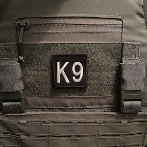 May include: A grey tactical vest with a black zipped pocket and a black patch with white text that reads "K9".