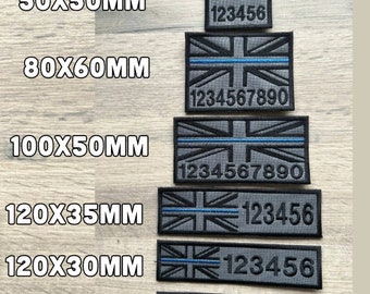 Puede incluir: Seis parches bordados con la bandera de la Union Jack y una fina línea azul. Los parches son de diferentes tamaños, que van desde 50x50mm hasta 120x25mm. Cada parche tiene una secuencia de números impresa.