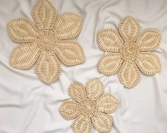 Rattan Flower Neutral Baby Boho Nursery Wall Decor for Girls, Daisy Wicker Flowers for Wall shelf, Gift for Mom to Be Set 3 | 12" 10" 8"