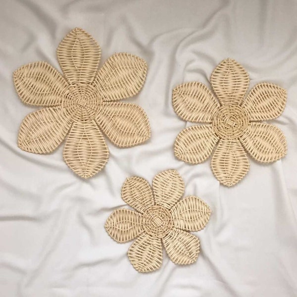 Rattan Flower Neutral Baby Boho Nursery Wall Decor for Girls, Daisy Wicker Flowers for Wall shelf, Gift for Mom to Be Set 3 | 12" 10" 8"