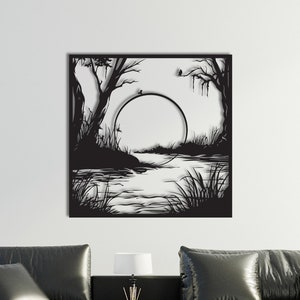 Nature Scene Metal Wall Art: Tree Silhouette, Sun Landscape