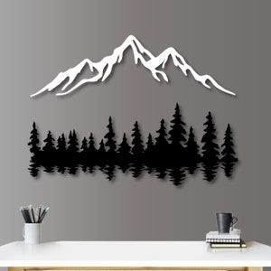 Arte murale in metallo con Foresta Nera e catena montuosa bianca, maestosa Foresta Nera e neve, arte murale in bianco e nero, decorazione per interni di case sul lago