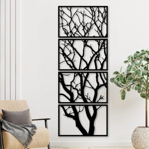 4 Panel Tree Metal Wall Decor, Window shaped branches Metal wall Art, Nature Wall Decor for Bedroom or Living, Minimalist Tree Branch Panels
