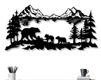 Metal Bear Family Wall Art, Mountain Nature Decor, Bear Metal Wall Art, Bear Family Forest Decor, Rustic Cabin Fireplace Wall Decoration