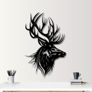 Deer silhouette art, Metal wall sculpture, Hunting lodge decoration, Modern rustic home decor, Wildlife-themed metalwork, Outdoor metal art