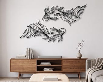 Metalen wanddecoratie met koivissen: handgemaakte silhouetsculptuur, decoratie in Japanse stijl.